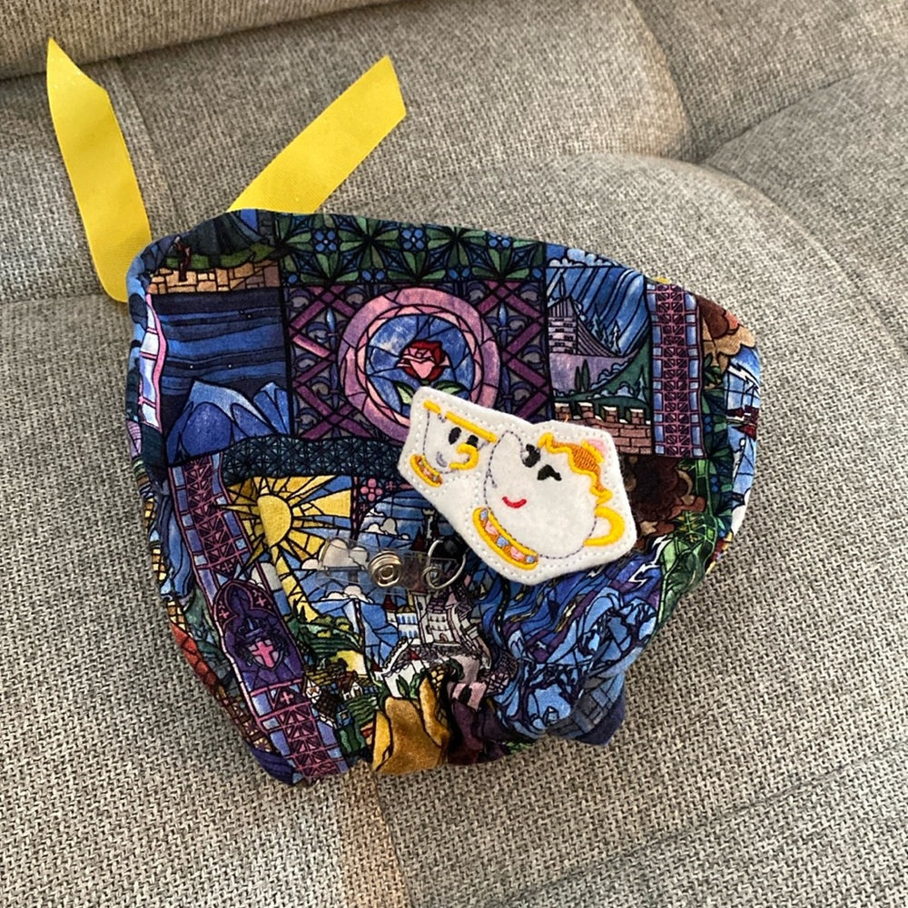Disney Beauty and the Beast ponytail scrub cap with Ms Potts and Chip badge reel